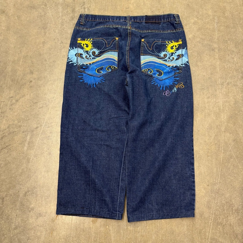 Coogi Y2K Blue Denim Embroidered Sun Baggy Jeans Mens 42x30 Hip Hop Streetwear